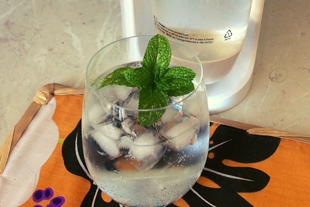 sodastream machine and drink with ice and mint