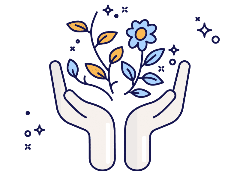 Icon of hands open cradling growing plant and flower to represent personal growth.