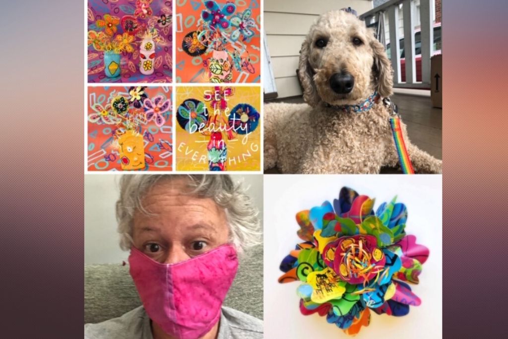 patchwork, dog, susan with facemask on